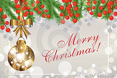 Christmas background with fir branches and red berries and the g Vector Illustration