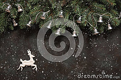 Christmas background with fir tree branches, Christmas bells Stock Photo