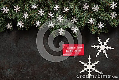 Christmas background with fir tree branches, snow and snowflake Stock Photo