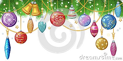 Christmas background with fir twigs, christmas toys and decor Vector Illustration