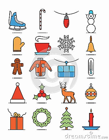 Christmas background, flat illustration, icon set, xmas pattern: skates, candy, garland, snowman, coffee, snow, bell, cookie, Vector Illustration