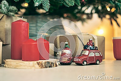 Christmas background frames candles Christmas tree cars text Stock Photo