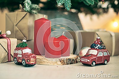 Christmas background frames candles Christmas tree cars text Stock Photo