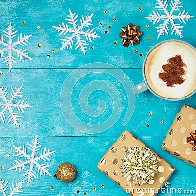 Christmas background with gift boxes, coffee cup Stock Photo