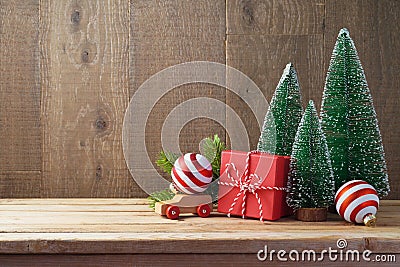 Christmas background with gift boxes and ornament on wooden tabl Stock Photo