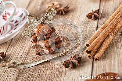 Christmas background with gingerbread and cup of coffee, baking ingredients with gingerbread Stock Photo