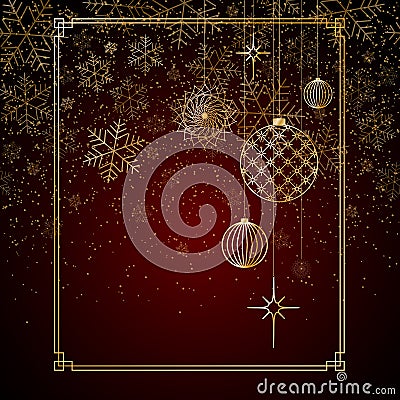 Christmas background Gold balls toys stars snowflakes glitter on a red background A background for Christmas and New Year Vector Illustration