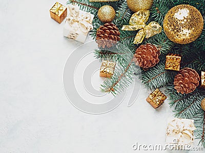 Christmas background golden cones, Christmas decorations, balls, bows, place for text Stock Photo