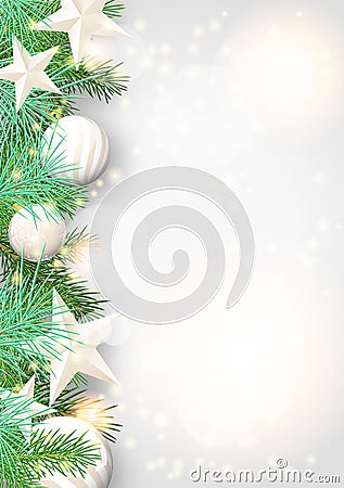 Christmas background with green branches and white ornaments Vector Illustration