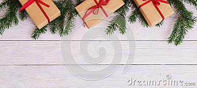 Christmas Background Green Decorative Fir Branches Presents Wooden Background Stock Photo