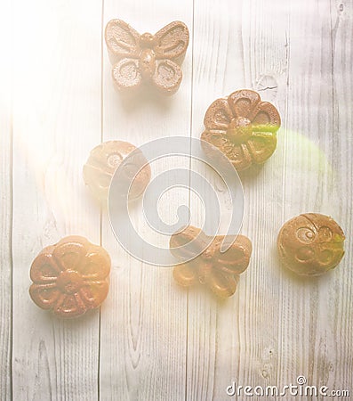 Homemade baking: chocolate muffins on a wooden table Stock Photo