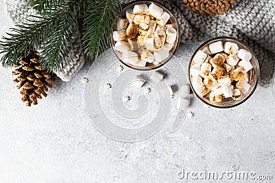 Christmas background with homemade hot chocolate, top view. Winter cocoa. New year drink. Flatlay with cocoa. Christmas Stock Photo