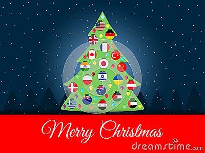 Christmas background. International Christmas tree. flags of the world. Vector Vector Illustration