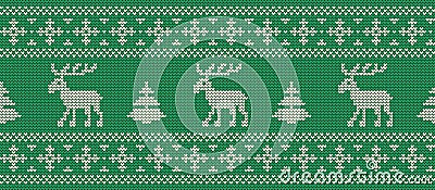 Christmas background. Knitted pattern with deers on a green background Vector Illustration