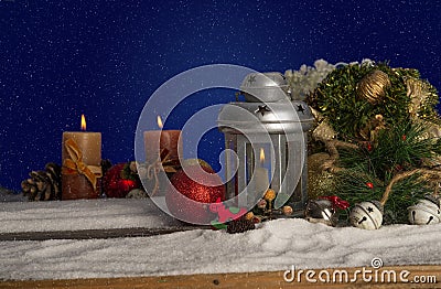 Christmas background with lalten, tree branches and snow Stock Photo