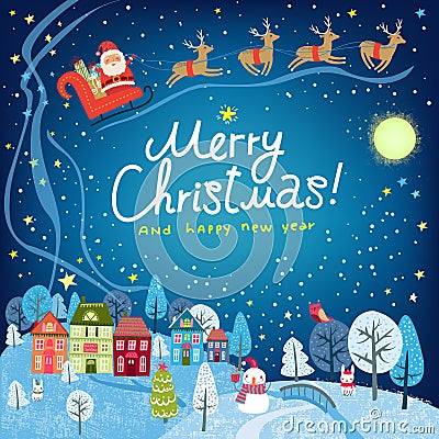 Christmas background. Landscape with town houses and Santa Claus Vector Illustration