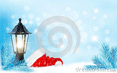 Christmas background with a lantern and a Santa hat. Vector Illustration