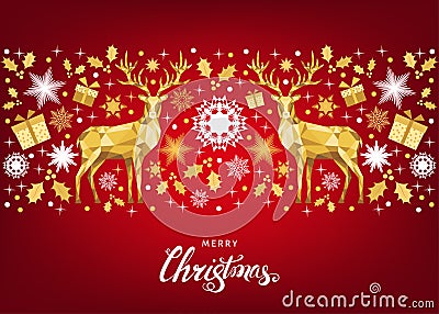 Christmas background with lettering and gold Xmas deer and snowflakes. Vector Illustration