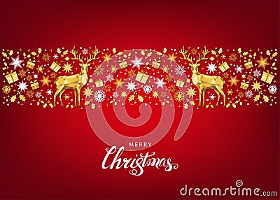 Christmas background with lettering and gold Xmas deer and snowflakes. Vector Illustration