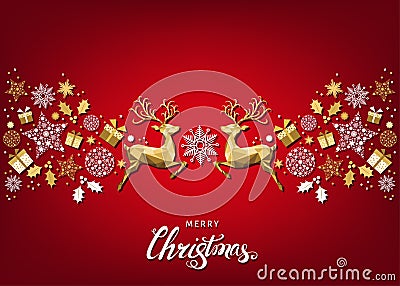 Christmas background with lettering and gold Xmas deer and snowflakes. Vector Illustration