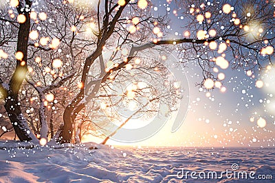Christmas background. Magic glowing snowflakes in winter nature landscape. Beautiful winter scene with bokeh. Winter fairytale. Stock Photo