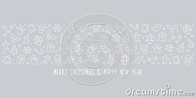 Christmas background. Merry Christmas and Happy New Year. Collection xmas icons. Winter, santa, tree, presents, snowflakes, Vector Illustration