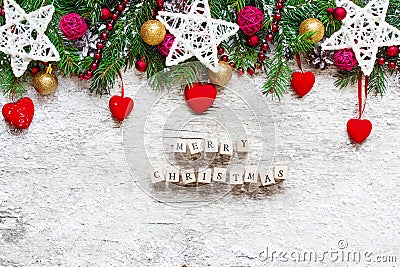 Christmas background with merry christmas inscription on wooden Stock Photo