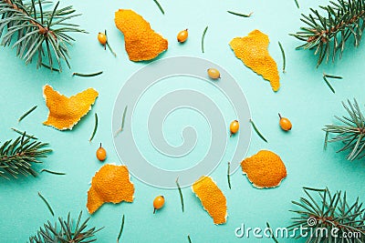 Christmas background from Natural Branches and Tangerines. Flat Lay Stock Photo