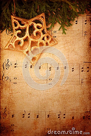 Christmas background with old sheet music Stock Photo