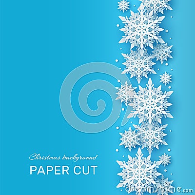 Christmas background. Papercut 3d white snowflake shapes on blue backdrop, winter holiday card. Xmas frozen pattern Vector Illustration