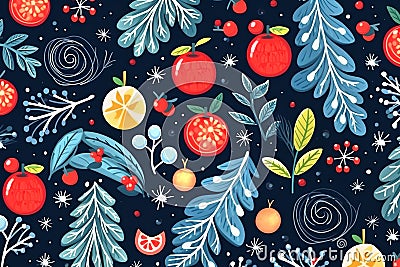 Christmas background with pine branches and red apples.Christmas pattern Stock Photo