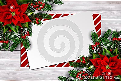 Christmas background with poinsettia and empty card Vector Illustration