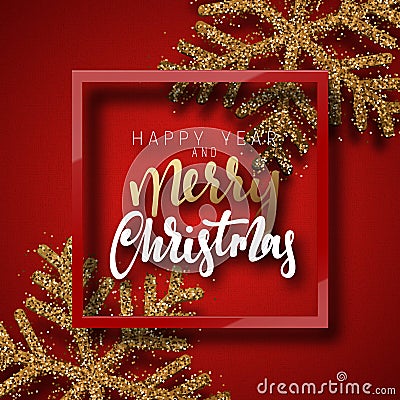 Christmas background red, with beautiful bright snowflakes realistic shine glitter. Vector Illustration