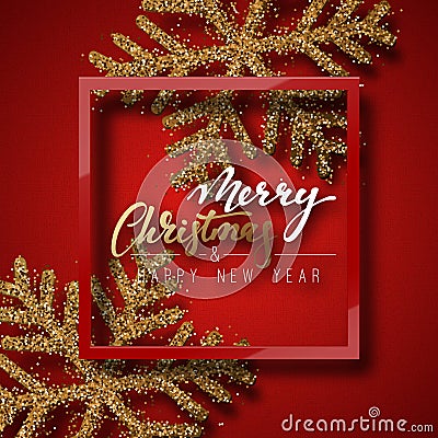 Christmas background red, with beautiful bright snowflakes realistic shine glitter. Vector Illustration