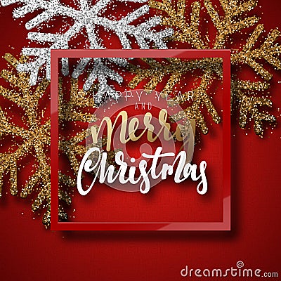 Christmas background red, with beautiful bright snowflakes realistic shine glitter. Vector Illustration