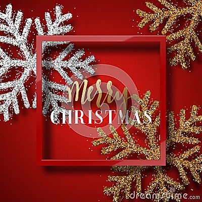 Christmas background red, with beautiful bright snowflakes realistic shine glitter. Vector Illustration