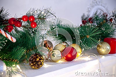 Christmas background with red gold balls and fir branches. greeting card Stock Photo