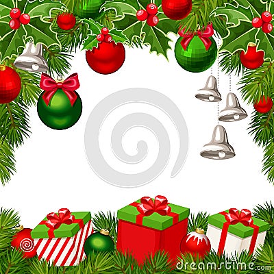 Christmas background with red and green balls, bells, gift boxes, fir-tree branches Vector Illustration