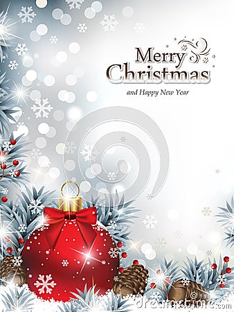 Christmas Background with Red Shiny Ornament Vector Illustration