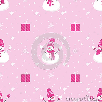 Christmas background. Seamless winter pattern with funny snowmen and snowflakes Vector Illustration