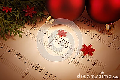 Christmas background with sheet music Stock Photo