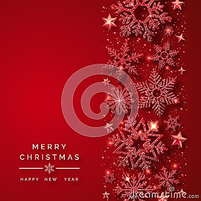 Christmas background with shining red snowflakes and snow. Merry Christmas card illustration on red background Vector Illustration