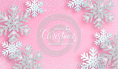 Christmas background with shiny silver snowflakes on pink background. Vector illustration. Vector Illustration