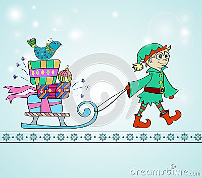 Christmas background with sledge, gifts and gnome Vector Illustration