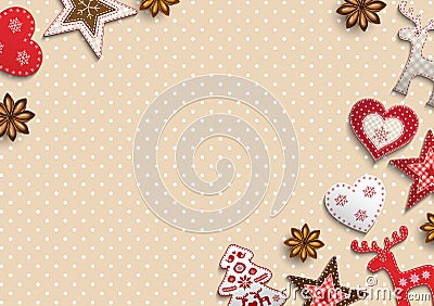 Christmas background, small scandinavian styled decorations lying on polka dot patterned backdrop, illustration Vector Illustration