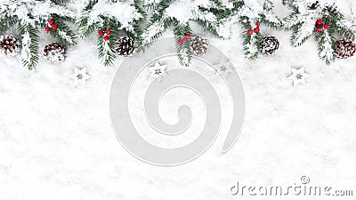 Christmas Background with Snow, Stars, Pine Cones and Fir Tree T Stock Photo