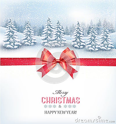 Christmas background with a snowy landscape and a red bow. Vector Illustration