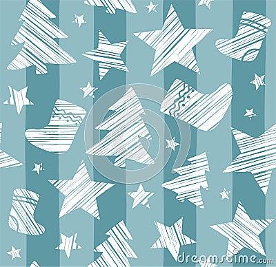 Christmas background, sock, star, tree, seamless, blue-gray, vector. Vector Illustration