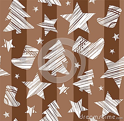 Christmas background, sock, star, tree, seamless, brown, vector. Vector Illustration