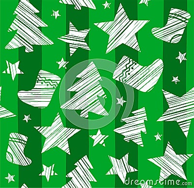 Christmas background, sock, star, tree, seamless, green, vector. Vector Illustration